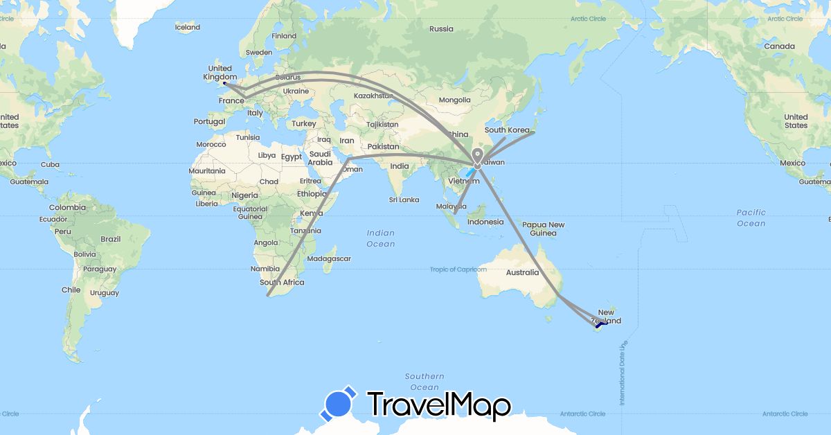 TravelMap itinerary: driving, bus, plane, boat in United Arab Emirates, Australia, Switzerland, China, Germany, United Kingdom, Japan, South Korea, New Zealand, Singapore, South Africa (Africa, Asia, Europe, Oceania)